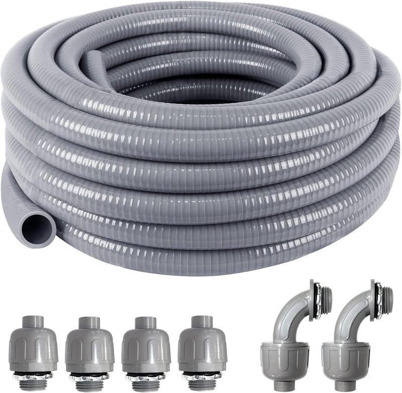 Ansgery 1-1/4inch 25FT Electrical Conduit Kit,Liquid-Tight Conduit and Connector Kit with 4 Straight and 2 Angle Fittings Included,Flexible Non Metallic Conduit(1-1/4" Dia,25 Feet) - Image 1